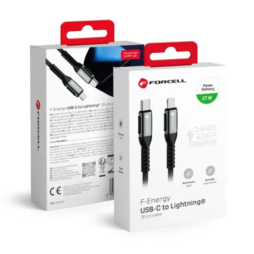 Forcell F-Energy C259 duomenų perdavimo ir įkrovimo laidas | USB-C į Lightning | PD | 27W | 0.25m | juodas