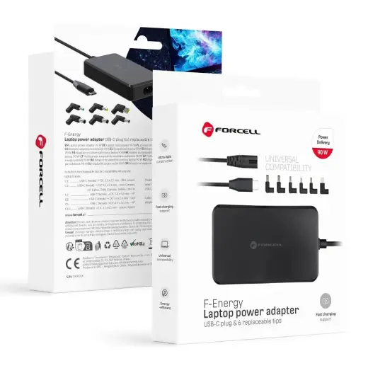 FORCELL F-ENERGY E856 uniwersal laptop charger 90W (6 adaptors) - czarny