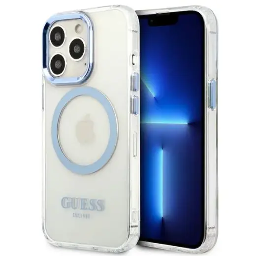Guess GUHMP13XHTRMB Metal Outline telefono dėklas su MagSafe palaikymu iPhone 13 Pro Max mėlynas