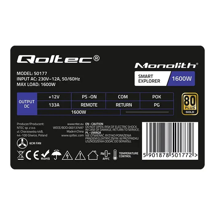 Qoltec PCI-E power supply Smart 1600W | 80 Plus Gold | Data mining