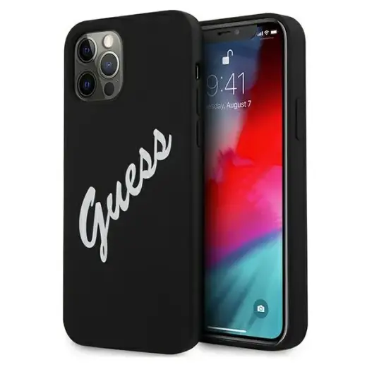 GUHCP12MLSVSBW Guess Silicone Vintage White Script Cover for iPhone 12|12 Pro 6.1 Black