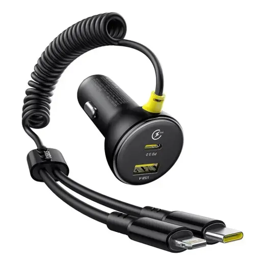 Baseus Circular Plastic auto lādētājs | 60W | USB-A, USB-C, Lightning | ar USB-C & Lightning vadu komplektā | melns
