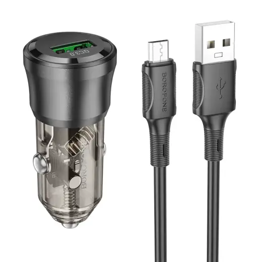 Зарядка для автомобиля Borofone BZ23 Noble | 18W | PD, QC | USB-A | с кабелем Micro USB в комплекте | черная