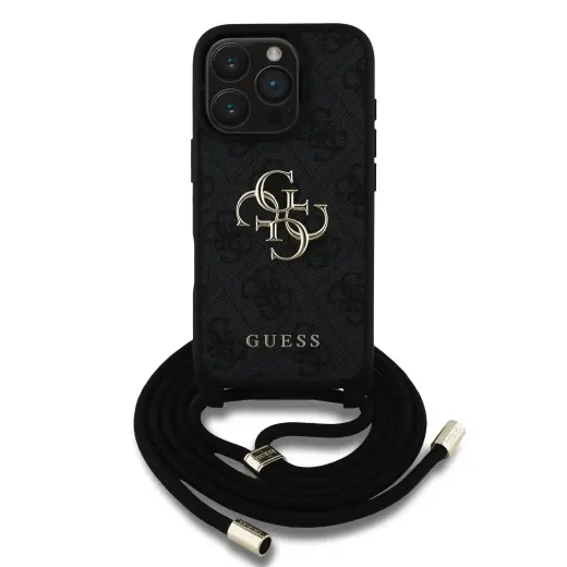 Guess PU 4G Metal Logo Crossbody Strap Case for iPhone 16 Pro Black