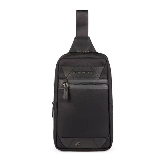 Piquadro, Trakai, Leather & Fabric, Mono Sling, Textile Crossbody Bag, Black, 42021990, 31 x 18 x 7 cm, For Men