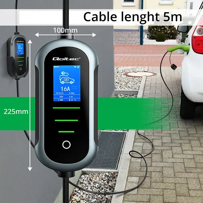 Qoltec Mobile EV Electric Car Charger with 2-in-1 Type 2 Adjustment | 11kW | 400V | CEE 32A | Wifi | TUYA | SMART LIFE | LCD | Portable | 5m