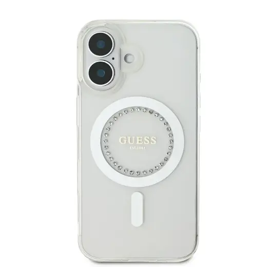 Guess IML Rhinestones Ring MagSafe Case for iPhone 16 White
