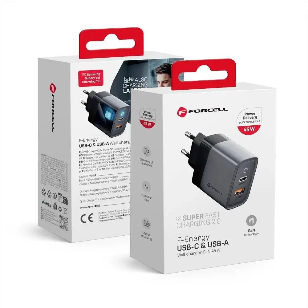 Forcell F-Energy VT-39 tīkla lādētājs | 45W | PD, QC, GaN | USB-C, USB-A | pelēks