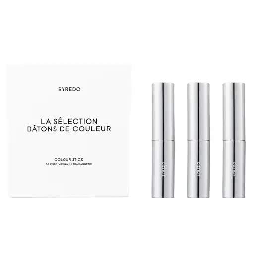 Set Byredo: Colour Stick, Multifunctional, Eyeshadow Stick, Dravite, 3.5 g + Colour Stick, Multifunctional, Eyeshadow Stick, Vienna, 3.5 g + Colour Stick, Multifunctional, Eyeshadow Stick, 580, Ultramagnetic, 3.5 g + Byredo, GWP Textile Pouch