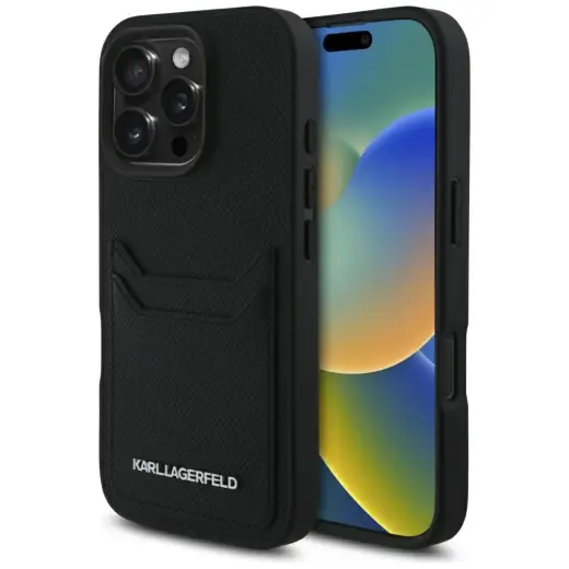 Karl Lagerfeld Grained PU Cardslot Metal Elong phone case for iPhone 16 Pro Max black