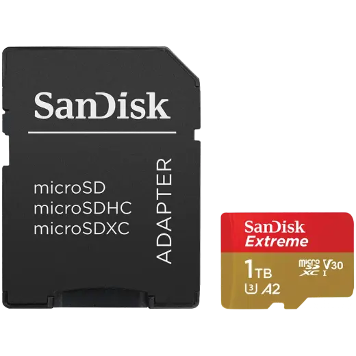 SANDISK Extreme microSDXC 1TB + SD Adapter + 1 year RescuePRO Deluxe up to 190MB/s & 130MB/s Read/Write speeds A2 C10 V30 UHS-I U3