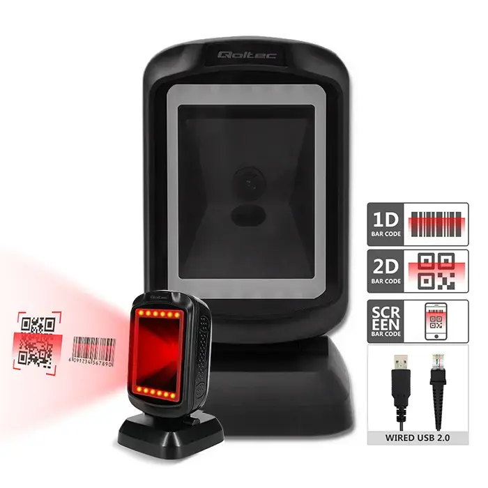 Qoltec Stationary barcode reader and QR code scanner | 1D 2D | USB | Fast