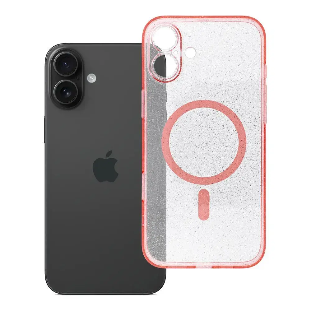 Case for iPhone 16 PLUS Clear Mag Cover compatible with MagSafe (camera protection) pink glitter