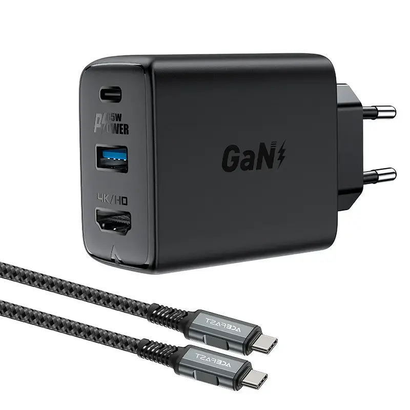 Acefast A17 tīkla lādētājs | 65W | GaN | USB-C, USB-A | USB-C uz USB-C vads komplektā | melns