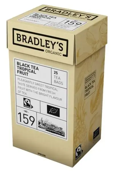 Melnā tēja BRADLEY'S bioloģiskā aromatizēta ar tropiskajiem augļiem, 25gab