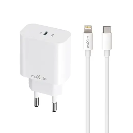 Maxlife MXTC-06-20C tīkla lādētājs | 20W | PD, QC | USB-C | USB-C uz Lightning vads komplektā | balts