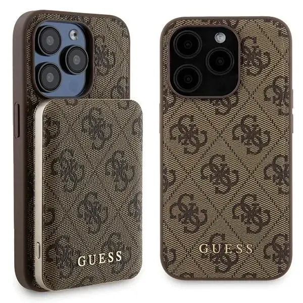 Zestaw Guess GUBPM5P15X4GEMGW iPhone 15 Pro Max 6.7" hardcase + Powerbank 5000mAh MagSafe brązowy|brown 4G Metal Logo