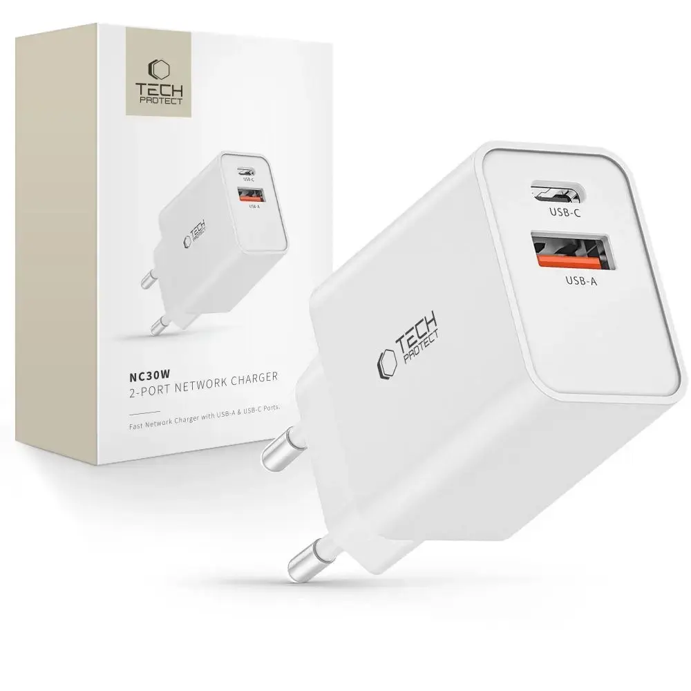 Tech-Protect NC30W tīkla lādētājs | 30W | PD, QC3.0 | USB-C, USB-A | balts
