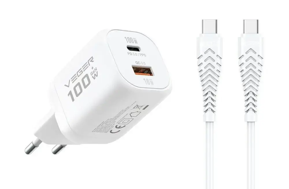 Veger TR150 tīkla lādētājs | 100W | PD, PPS | USB-A, USB-C | ar USB-C uz USB-C vadu komplektā | balts