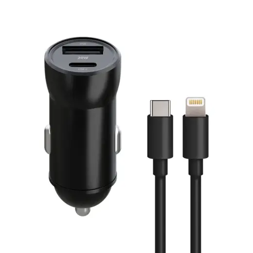 Maxlife MXCC-04 automašīnas lādētājs | 20W | PD, QC | USB-C, USB-A | ar USB-C uz Lightning vadu komplektā | melns