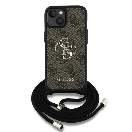 Guess PU 4G Metal Logo Crossbody Strap Case for iPhone 15 Brown