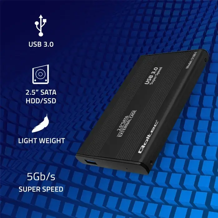 Qoltec alumīnija ārējā cietā diska korpuss HDD SSD 2,5 collu SATA3 | USB 3.0 | Melns