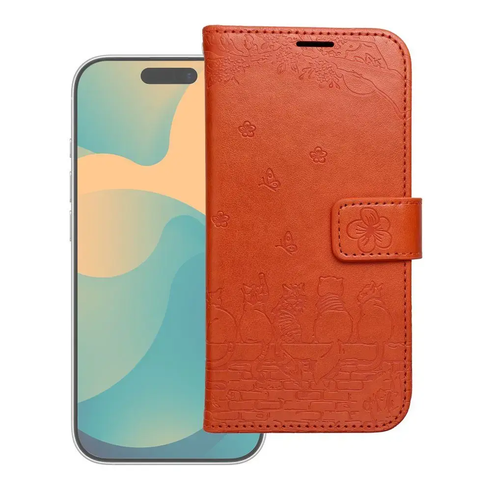 MEZZO cats grāmatveida maciņš telefonam iPhone 17 Pro Max brūns (kaķis)