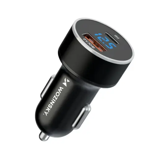 Wozinsky WDCCAC automašīnas lādētājs | 36W | PD, QC | USB-C, USB-A | ar digitālo displeju | ar LCD ekrānu | melns