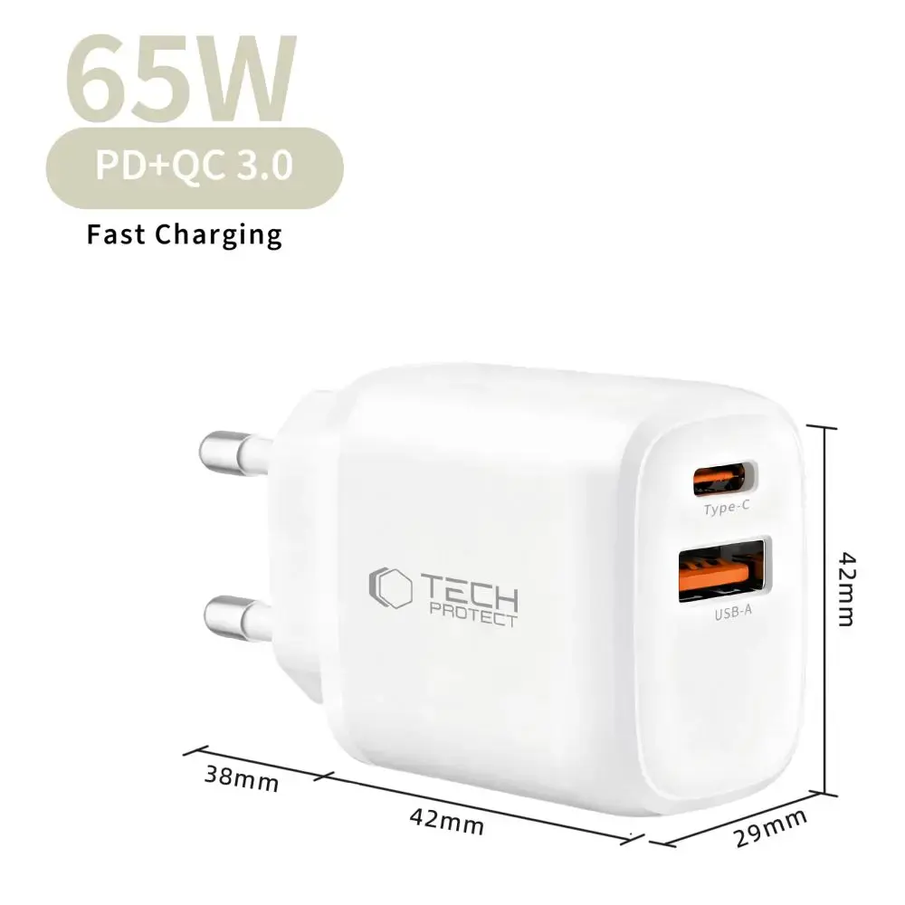 Tech-Protect NCA65W-GAN tīkla lādētājs | 65W | PD, QC, GaN | USB-C, USB-A | balts