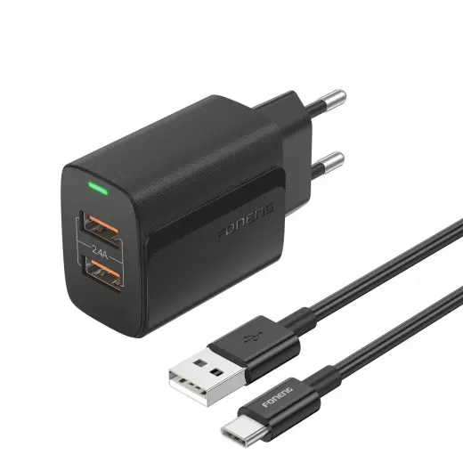 Foneng EU63 travel charger | 12W | USB-C, USB-A | with USB to Type C cable included | black