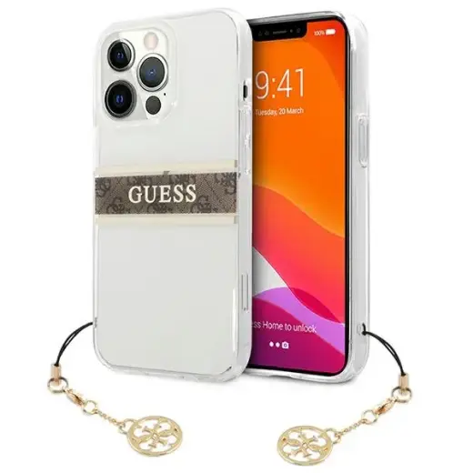 GUHCP13XKB4GBR Guess PU|TPU 4G Brown Stripe Case for iPhone 13 Pro Max Transparent