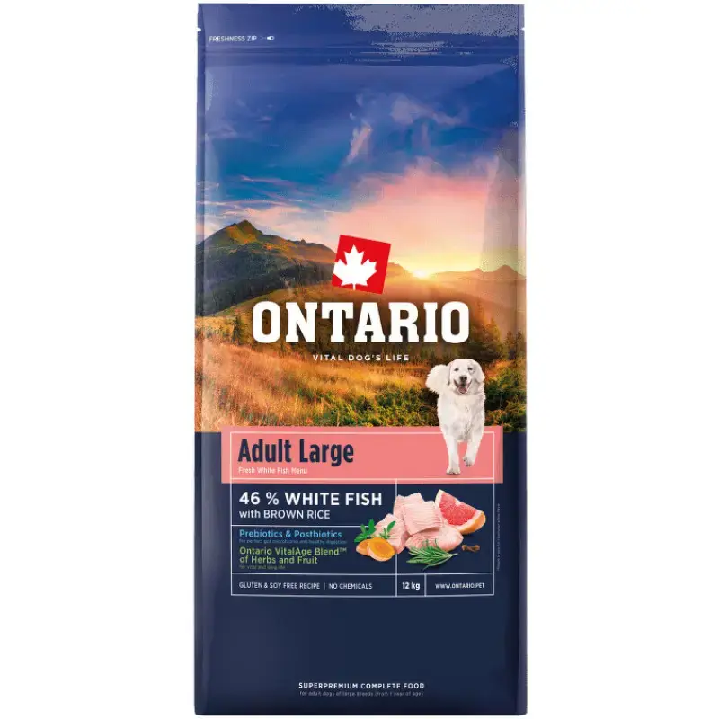 Barība suņiem – Ontario Adult Large, Fish and Brown Rice, 12 kg