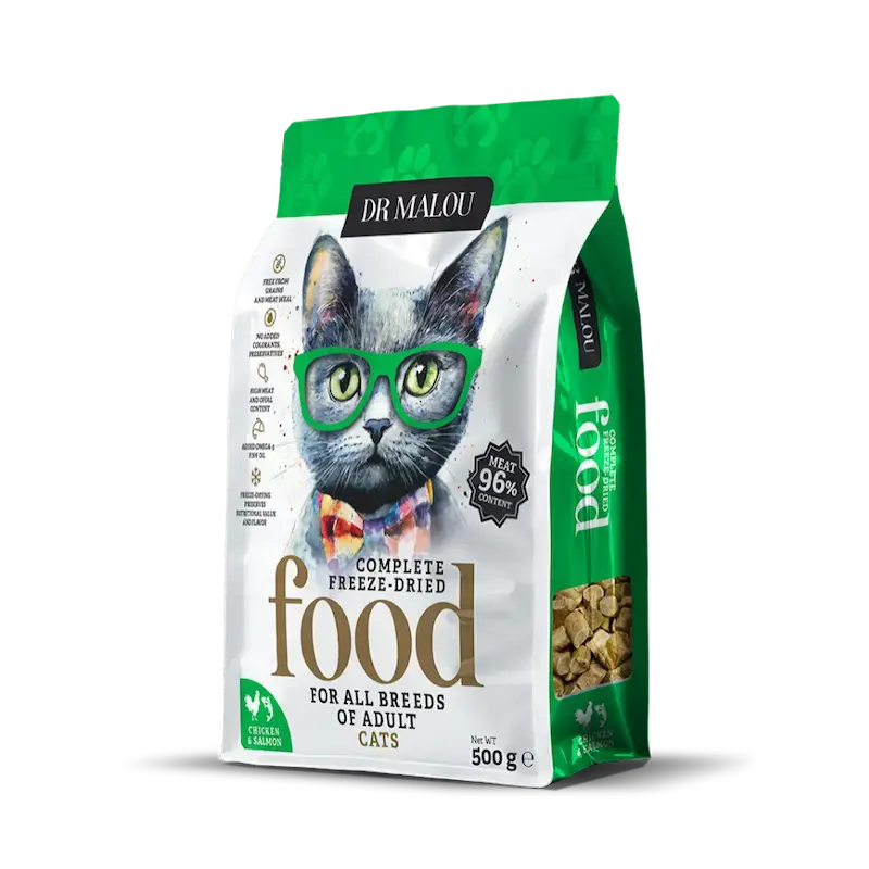 Liofilizēta barība kaķiem - DR Malou, Chicken with salmon, Adult Cats, 500g