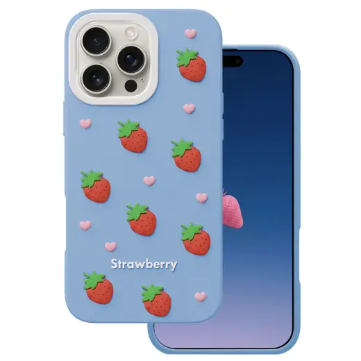 Strawberry telefono dėklas iPhone 16 Pro Max mėlynas