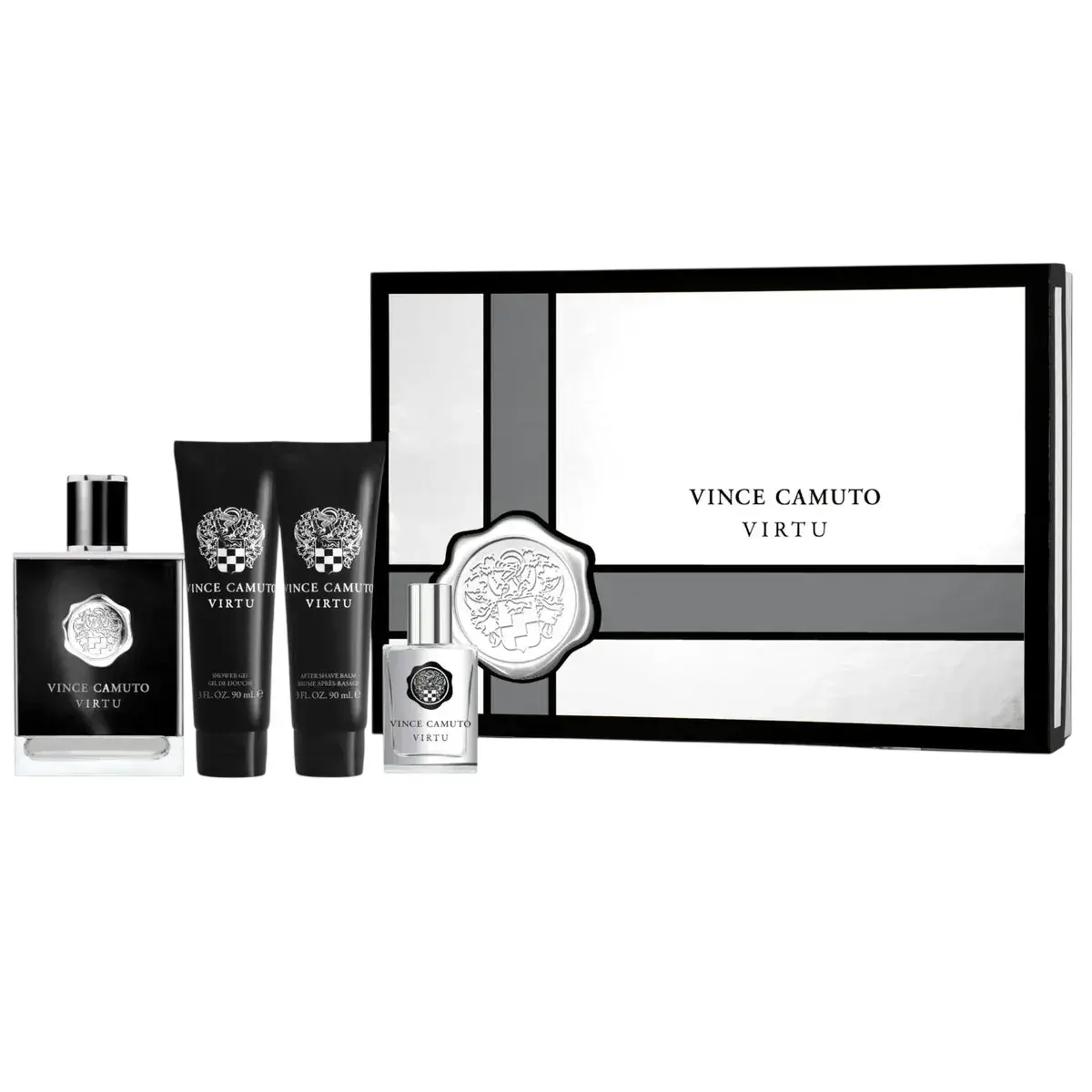 Set Vince Camuto: Virtu, Eau De Toilette, For Men, 100 ml + Virtu, Eau De Toilette, For Men, 15 ml + Virtu, Moisturizing, After-Shave Balm, 90 ml + Virtu, Shower Gel, Body, 90 ml