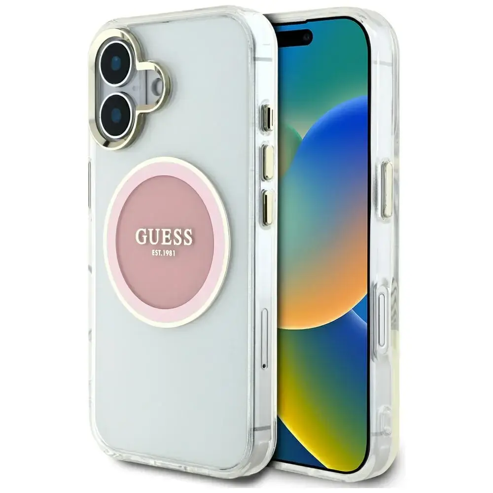 Guess IML metāla krāsains aplis klasiskais logo MagSafe telefona maciņš iPhone 16 rozā