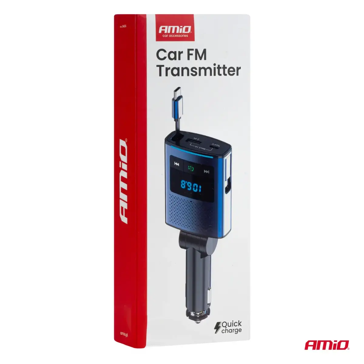 Car FM Transmitter 1×USB-A 1×USB-C 12V 24V AMIO-04656