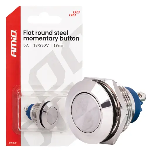 Flat round steel momentary button 19 mm, 5 A, 12/230 V, AMIO-04436