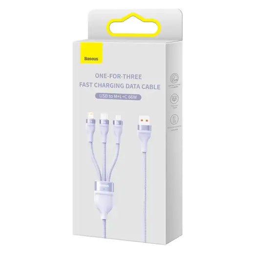 Baseus Flash Series II 3-in-1 data transfer and charging cable | USB-A to USB-C, Micro USB, Lightning | 66W | 1.2m | purple