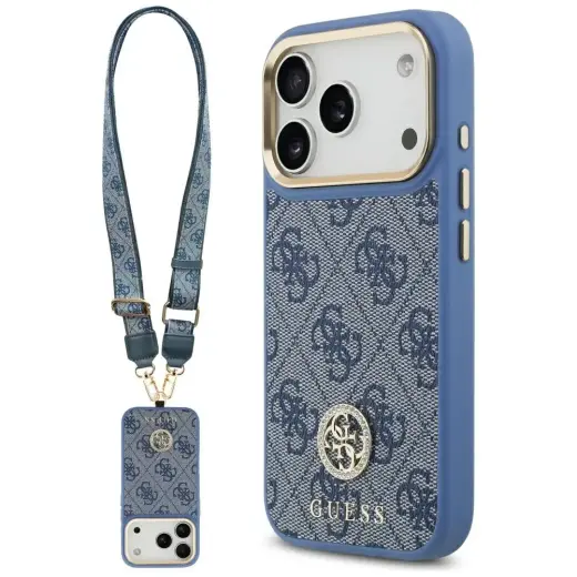 Guess 4G Strass Logo & Big Strap Metal Buttons MagSafe Case for iPhone 17 Pro Blue