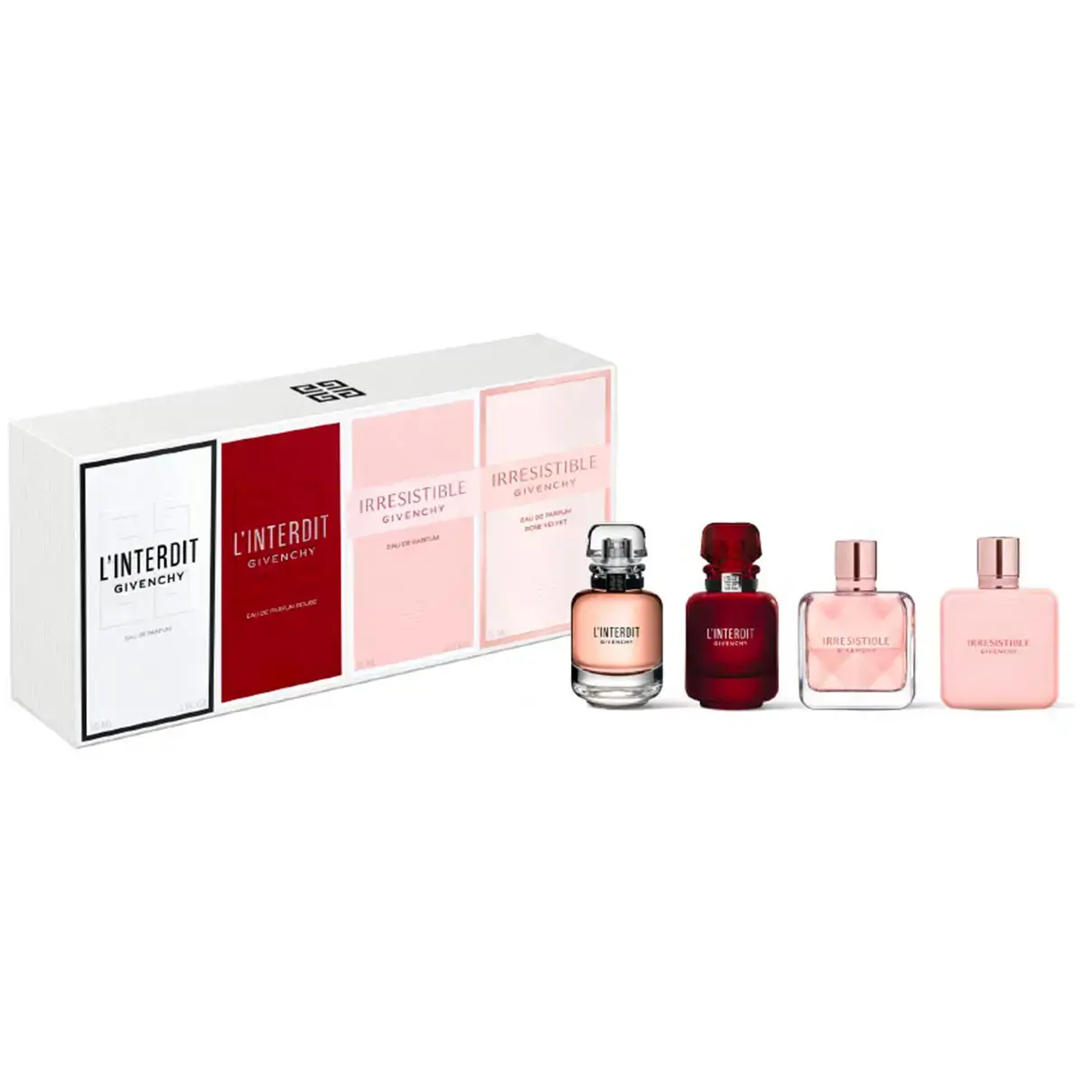 Set Givenchy: L'Interdit, Eau De Parfum, For Women, 10 ml *Miniature + L' Interdit Rouge, Eau De Parfum, For Women, 10 ml *Miniature + Irresistible, Eau De Parfum, For Women, 8 ml *Miniature + Irresistible Rose Velvet, Eau De Parfum, For Women, 8 ml *Miniature