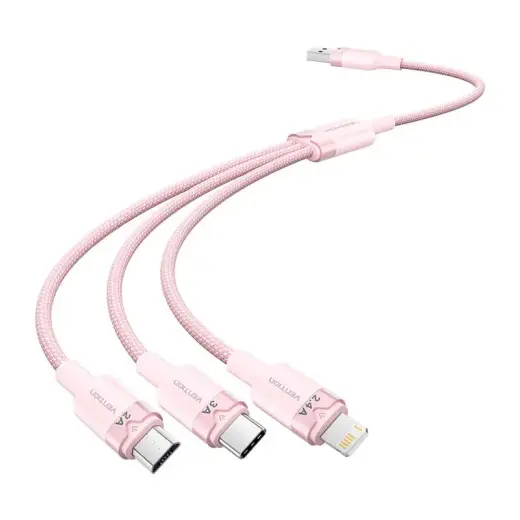 Vention CTPPG 3-in-1 datu pārraides un uzlādes vads | USB-A uz USB-C, Lightning, Micro USB | 60W | 1.5m | rozā