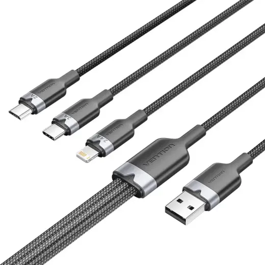Vention CTPBG datu pārraides un uzlādes vads | USB-A uz USB-C, Lightning, Micro-B | 15W | 1.5m | melns