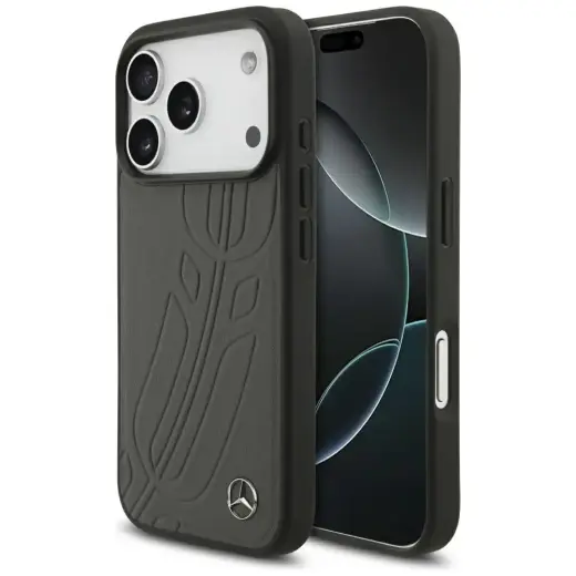 Mercedes nahast Large Laurel Leave telefoniümbris MagSafe toega, sobib iPhone 17 Pro, must