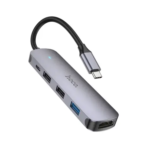 Adapter HUB 5in1 (HDTV+USB 3.0+USB 2.0 x 2+PD) USB-C Hoco HB27 grey