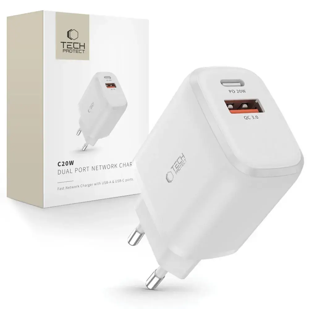 Tech-Protect C20W tīkla lādētājs | 20W | PD, QC3.0 | USB-C, USB-A | balts