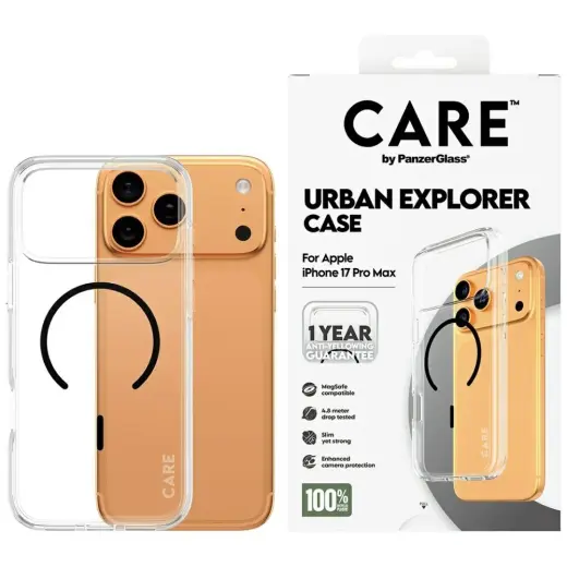 Case CARE by PanzerGlass Flagship Urban Explorer w. Black MagSafe for iPhone 17 Pro Max transparent