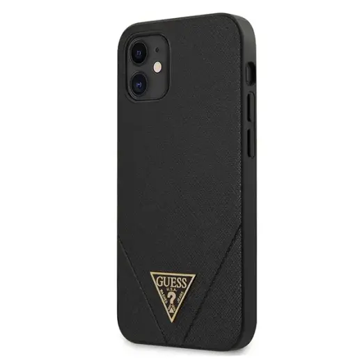 Guess GUHCP12SVSATMLBK Saffiano V Stitch telefono dėklas iPhone 12 Mini juodas