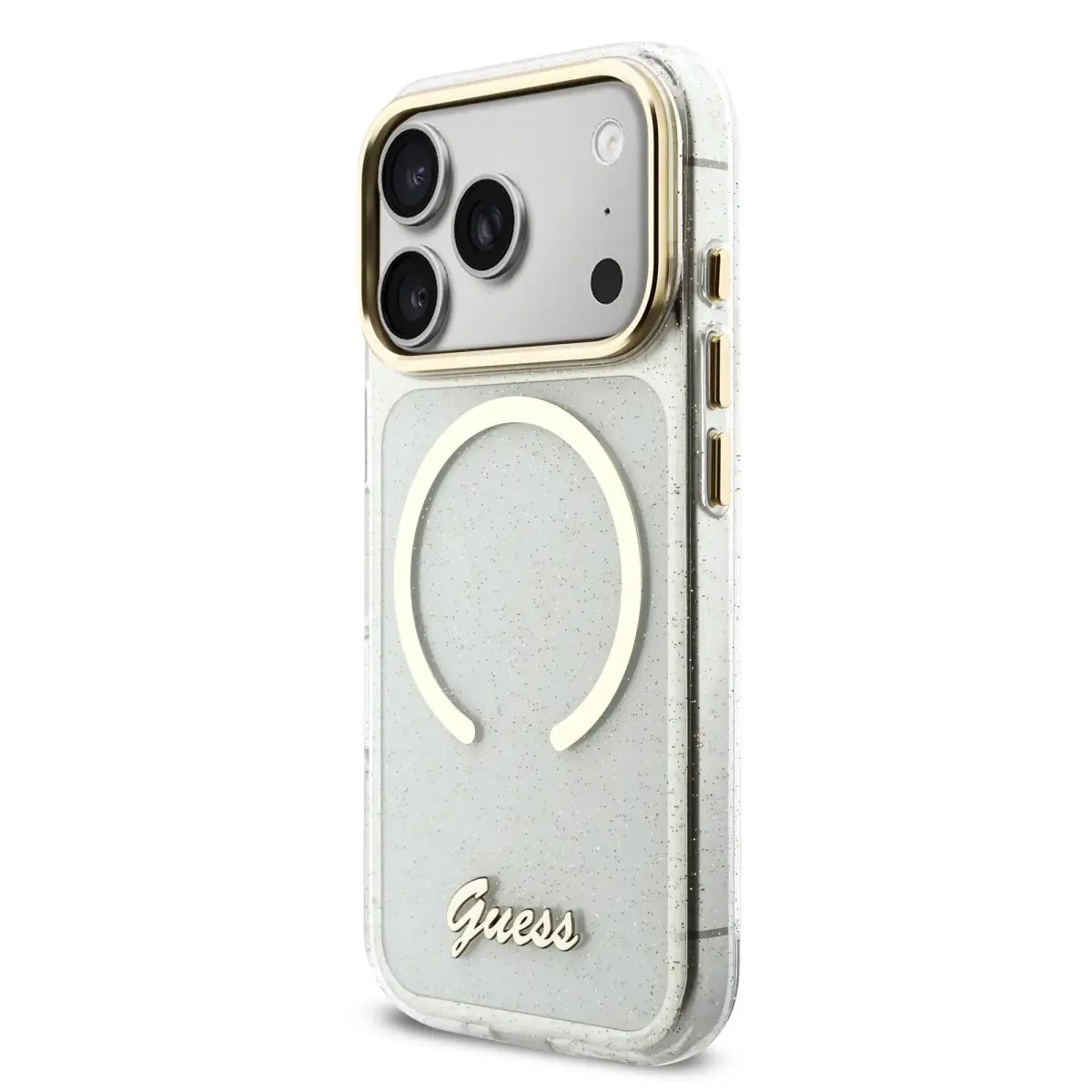 Guess IML Glitter Script Strap maciņš ar MagSafe atbalstu telefonam iPhone 17 Pro caurspīdīgs