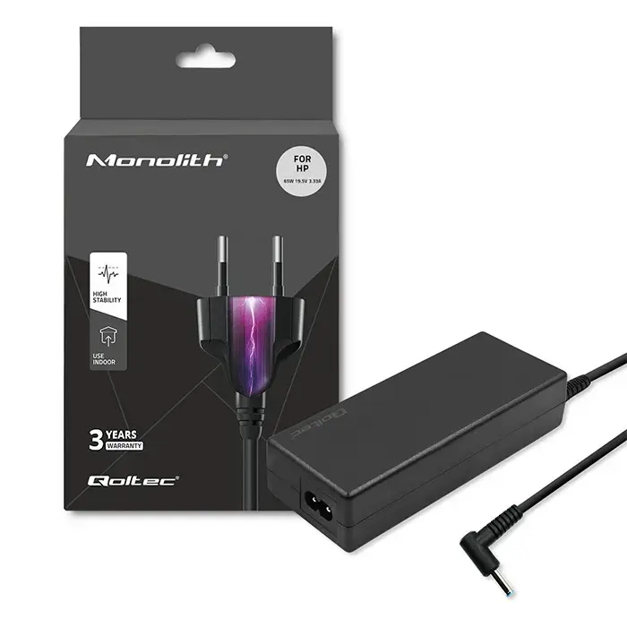Qoltec Power adapter for laptop HP 65W | 19.5V | 3.33A | 4.5*3.0+pin | adapter 4.5*3.0+pin/7.4*5.0+pin | +power cable